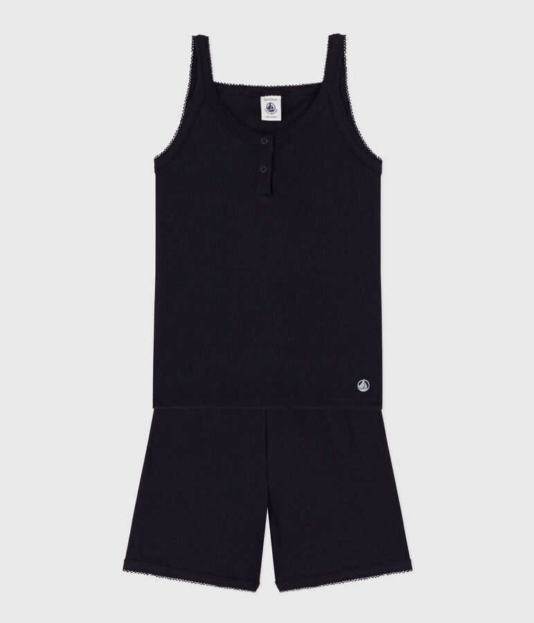 Pijama corto y liso de tirantes de algod&oacute;n y lyocell para ni&ntilde;a azul