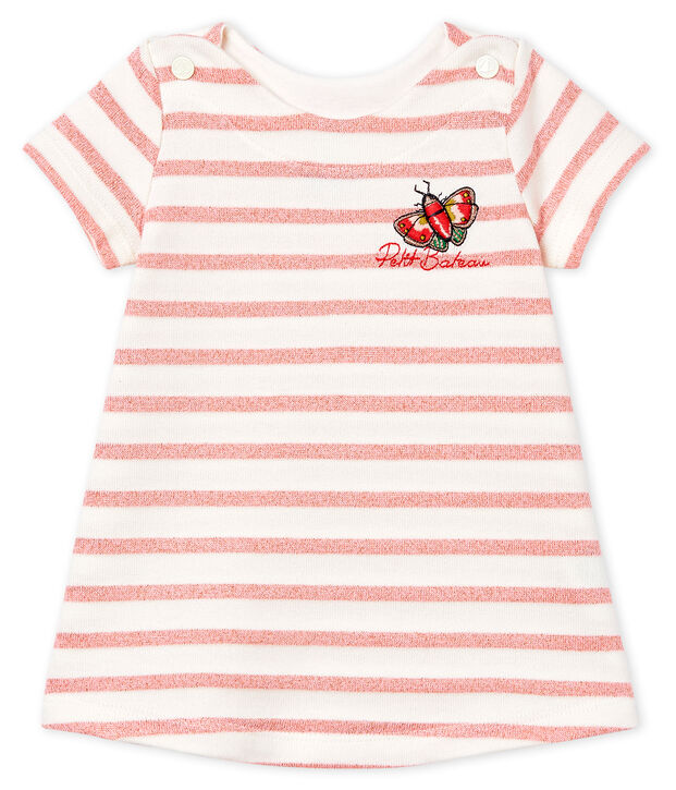 Vestido de manga corta a rayas para beb&eacute; ni&ntilde;a blanco/rosa