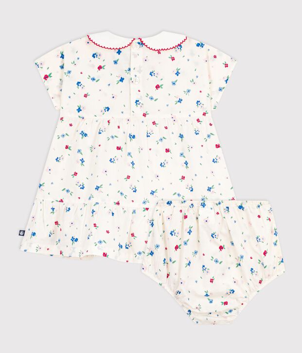 Vestido de algod&oacute;n de manga corta y pololo con estampado de flores para beb&eacute; blanco/multicolor