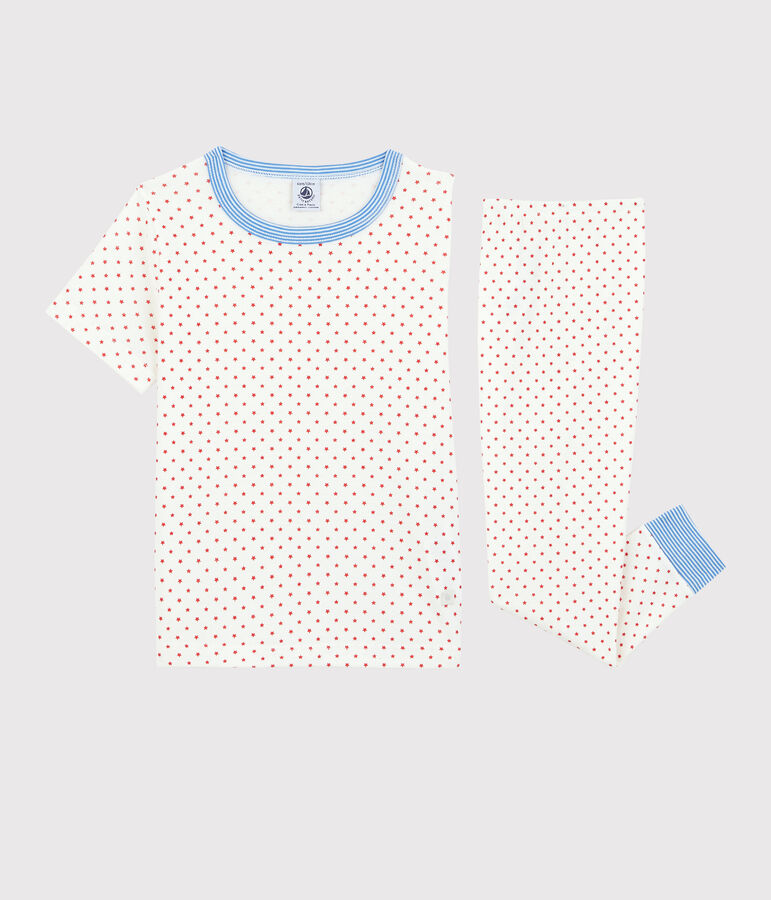 Pijama de manga corta con estrellas rojas de algod&oacute;n org&aacute;nico de ni&ntilde;o blanco/rojo