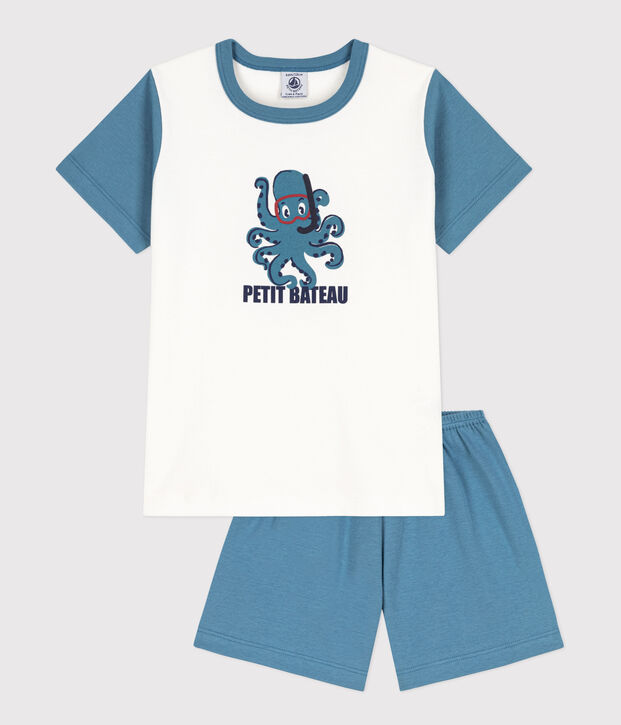 Pijama corto de pulpo de algod&oacute;n de ni&ntilde;o/ni&ntilde;a azul/blanco