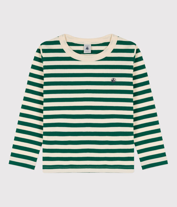 Camiseta de algod&oacute;n de manga larga de ni&ntilde;o verde/crudo