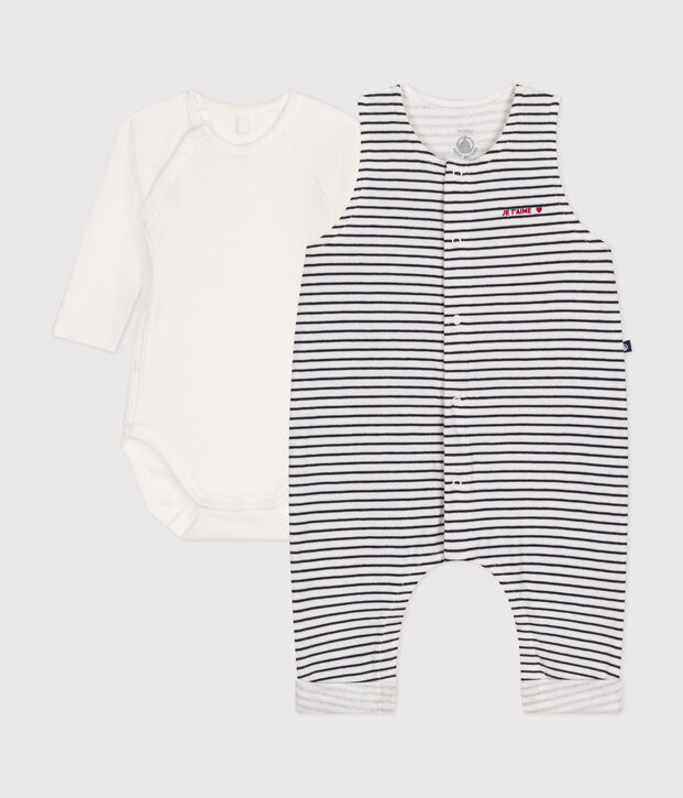 Conjunto de mono y body de algod&oacute;n de beb&eacute; blanco/azul
