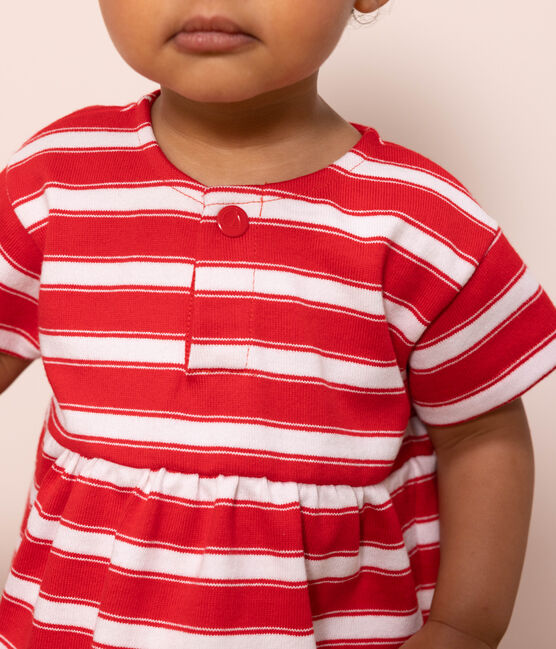 Vestido de manga corta de punto grueso a rayas para bebé rojo PEPS/blanco MARSHMALLOW