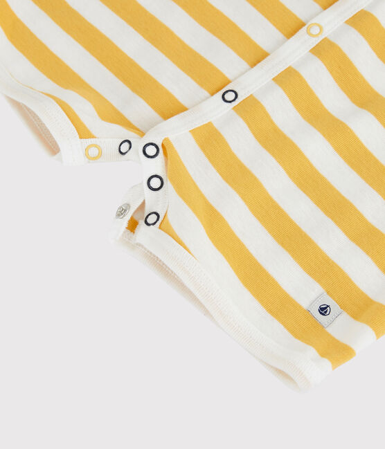 Pelele corto a rayas de bebé de algodón amarillo OCRE/blanco MARSHMALLOW