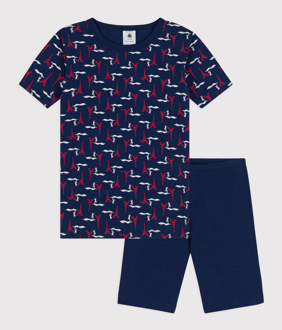 Pijama corto ajustado de algodón de niño/niña azul MEDIEVAL/blanco MULTICO