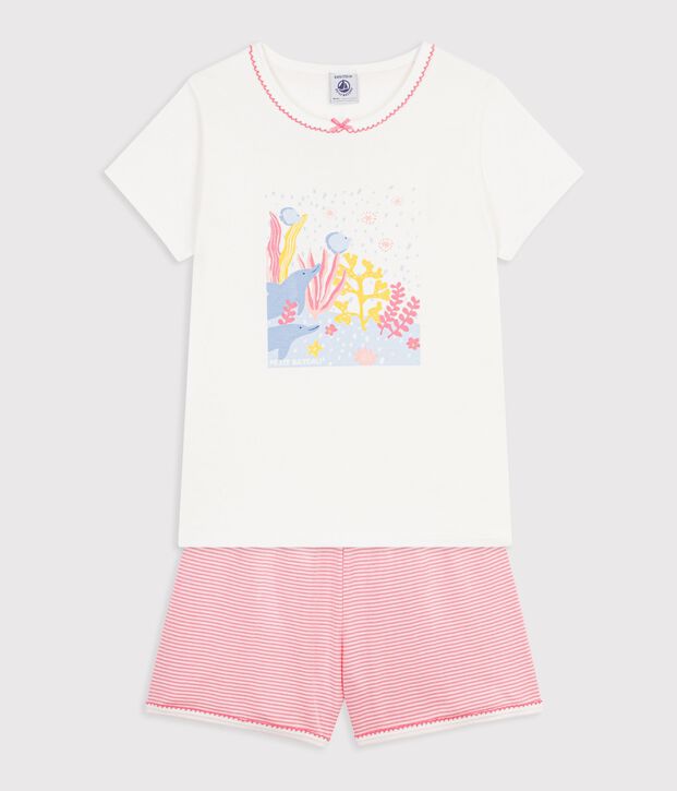 Pijama corto infantil de algod&oacute;n con estampado de oc&eacute;ano blanco/rosa
