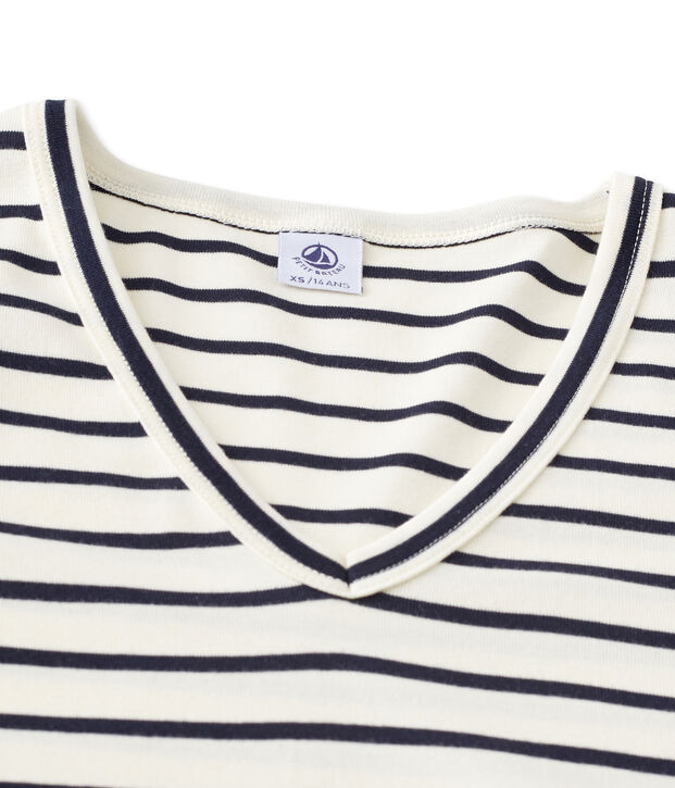 Camiseta de manga larga a rayas para mujer con cuello V blanco/azul