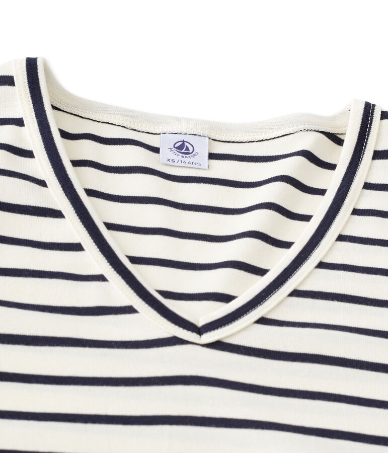 Camiseta de manga larga a rayas para mujer con cuello V beige COQUILLE/azul SMOKING