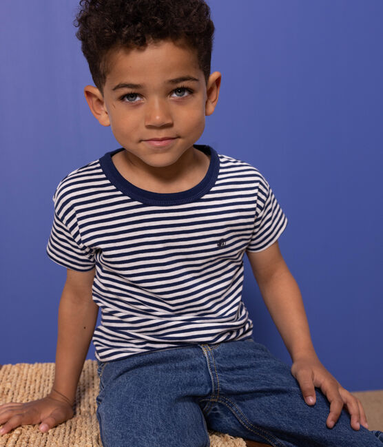 Camiseta de algodón a rayas para niño azul MEDIEVAL/blanco MARSHMALLOW