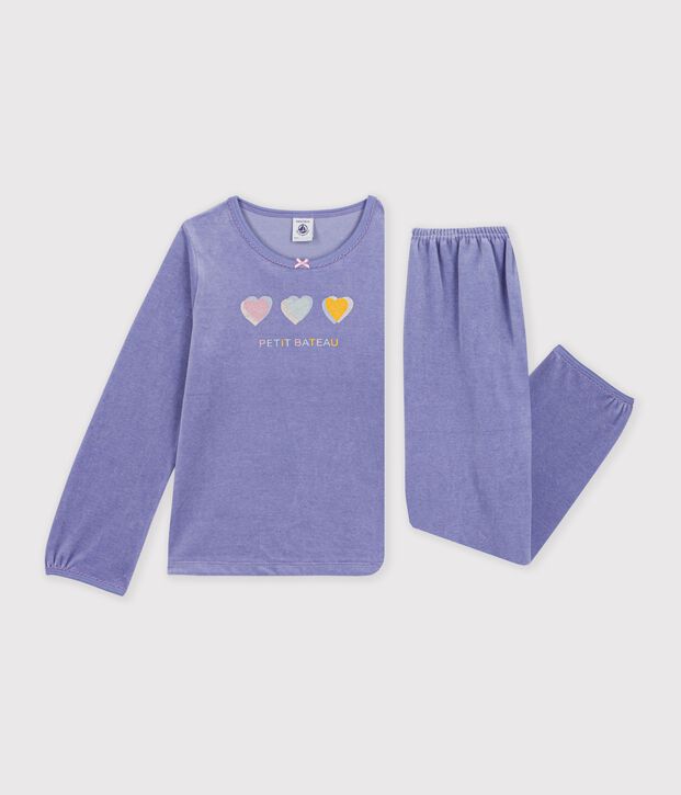 Pijama infantil de terciopelo con estampado de corazones violeta