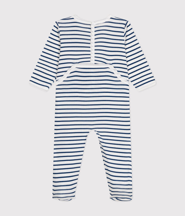 Pijamas de beb&eacute; de manga larga de algod&oacute;n blanco/azul