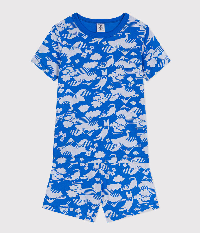 Pijama corto infantil de algod&oacute;n con estampado azul/blanco