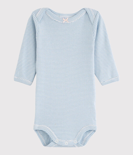 Bodi de manga larga de bebé niña azul ACIER/blanco MARSHMALLOW