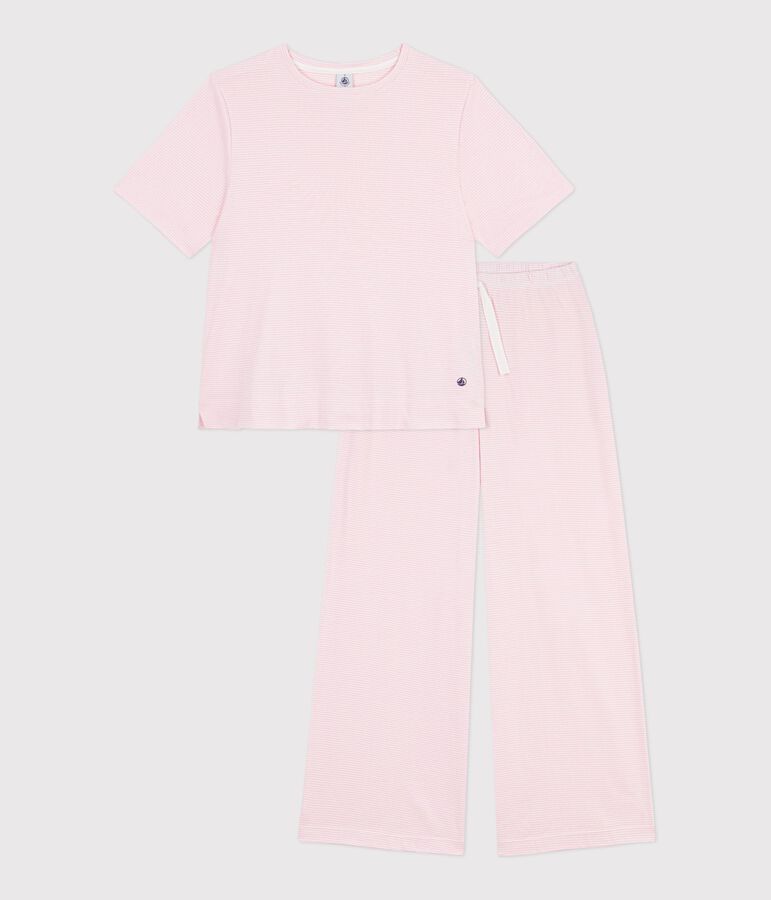 Pijama de algod&oacute;n a rayas de pernera ancha para mujer rosa/blanco