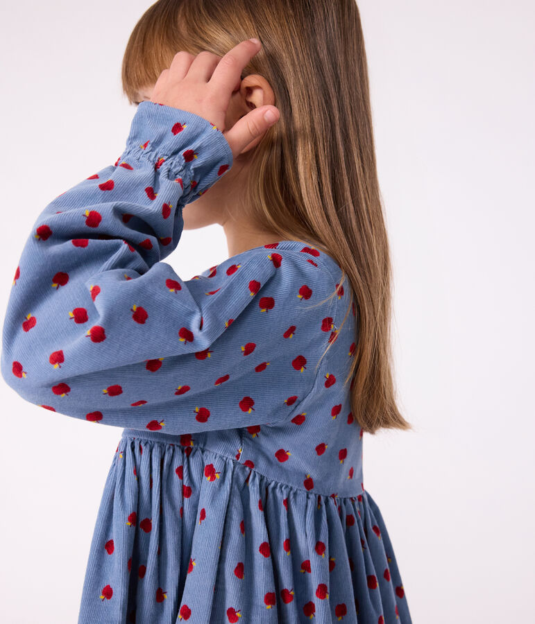Vestido infantil estampado de pana de manga larga azul/multicolor