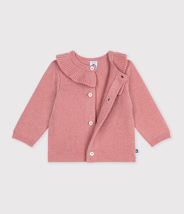 C&aacute;rdigan liso con cuello de punto tricotado de lana y algod&oacute;n para beb&eacute; rosa