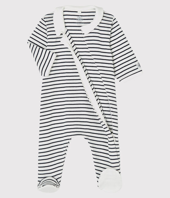 Pijama enterizo de rayas con cremallera de bebé de algodón ecológico blanco MARSHMALLOW/azul SMOKING