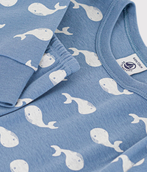 Pijama infantil de algod&oacute;n con estampado de ballena azul/blanco