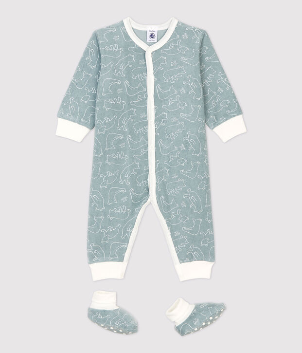 Conjunto de noche de beb&eacute; con estampado de ositos de rizo muy suave gris/blanco