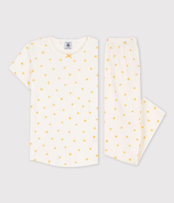 Pijama de manga corta con soles de algodón orgánico de niña blanco MARSHMALLOW/ ORGE