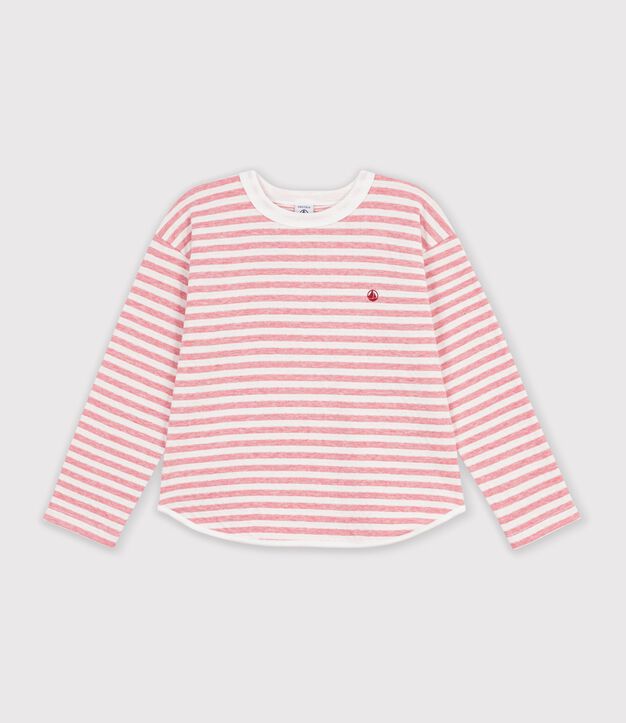 Camiseta infantil de manga larga a rayas rosa/crudo