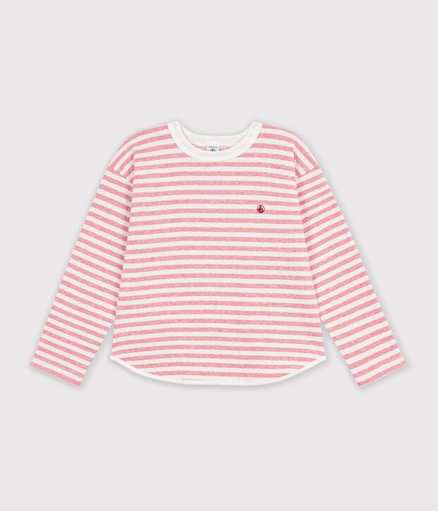 Camiseta infantil de manga larga a rayas rosa/crudo
