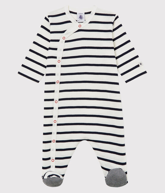 Pijama enterizo de rayas de canalé de bebé blanco MARSHMALLOW/azul SMOKING