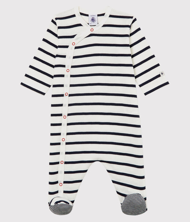 Pijama enterizo de rayas de canal&eacute; de beb&eacute; blanco/azul
