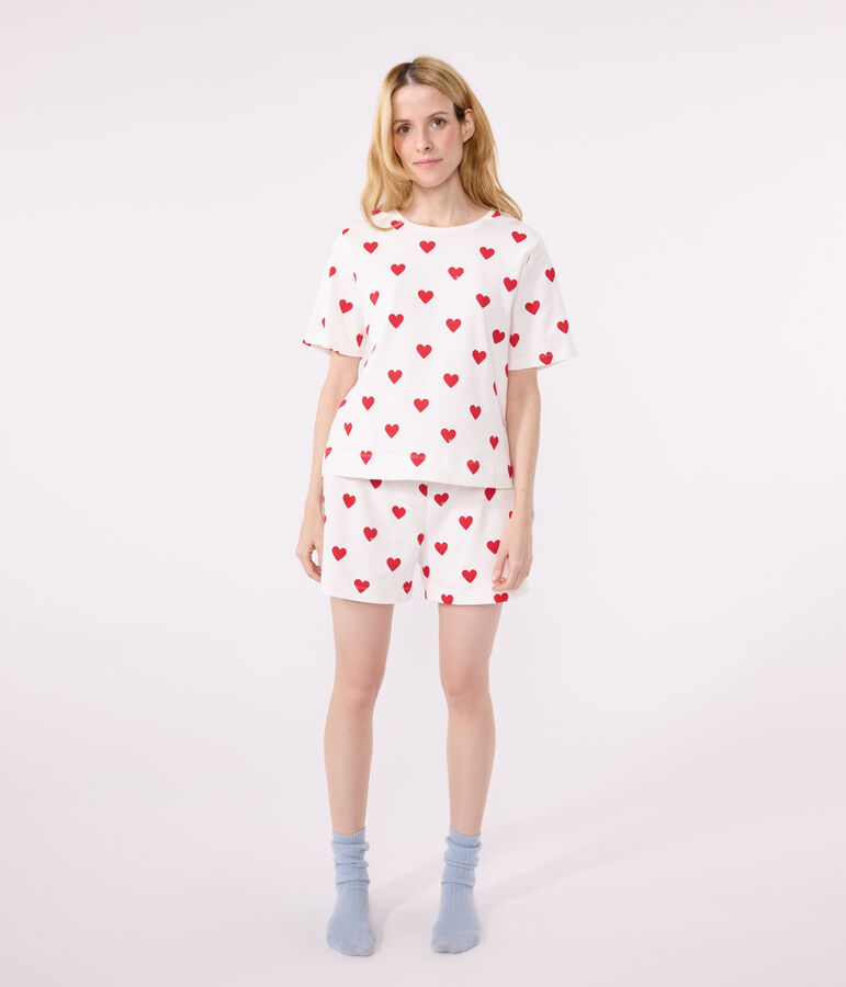 Pijama corto de algod&oacute;n con coraz&oacute;n para mujer blanco/rojo