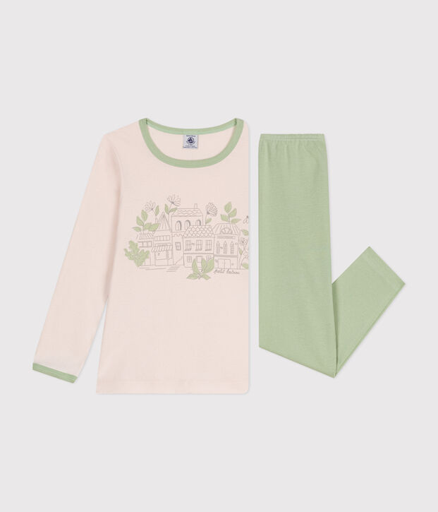 Pijama de manga larga de ni&ntilde;a de algod&oacute;n beige/verde