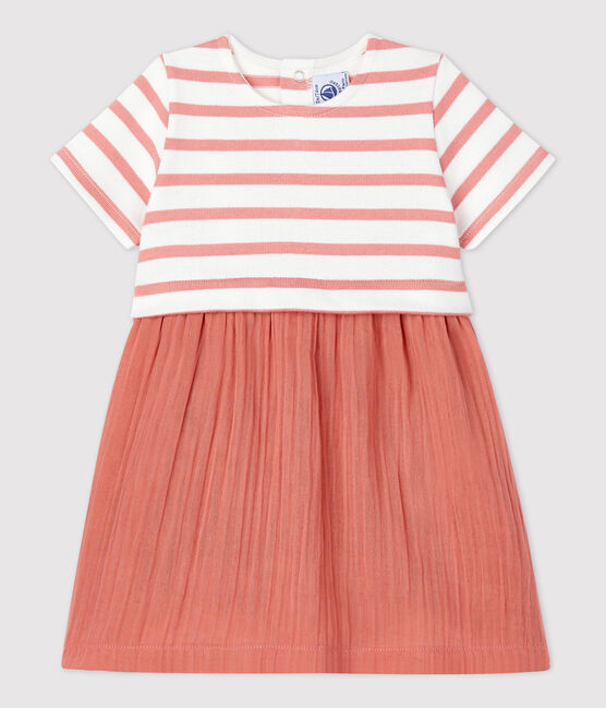 Vestido bimaterial de gasa de algodón y jersey grueso ecológico para bebé blanco MARSHMALLOW/ PAPAYE