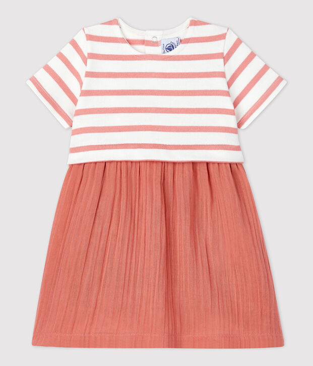 Vestido bimaterial de gasa de algod&oacute;n y jersey grueso ecol&oacute;gico para beb&eacute; blanco/rosa