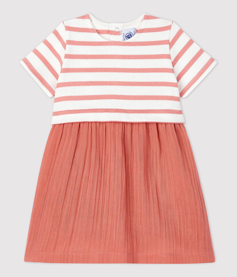 Vestido bimaterial de gasa de algod&oacute;n y jersey grueso ecol&oacute;gico para beb&eacute; blanco MARSHMALLOW/ PAPAYE