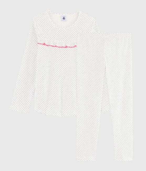 Pijama con lunares de niña de punto blanco MARSHMALLOW/azul MEDIEVAL