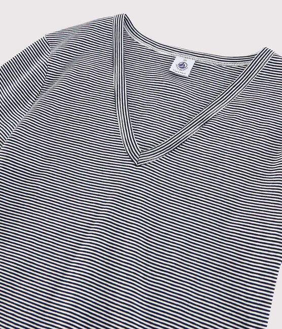 Camiseta de cuello de pico emblemática de algodón a rayas de mujer azul SMOKING/blanco MARSHMALLOW