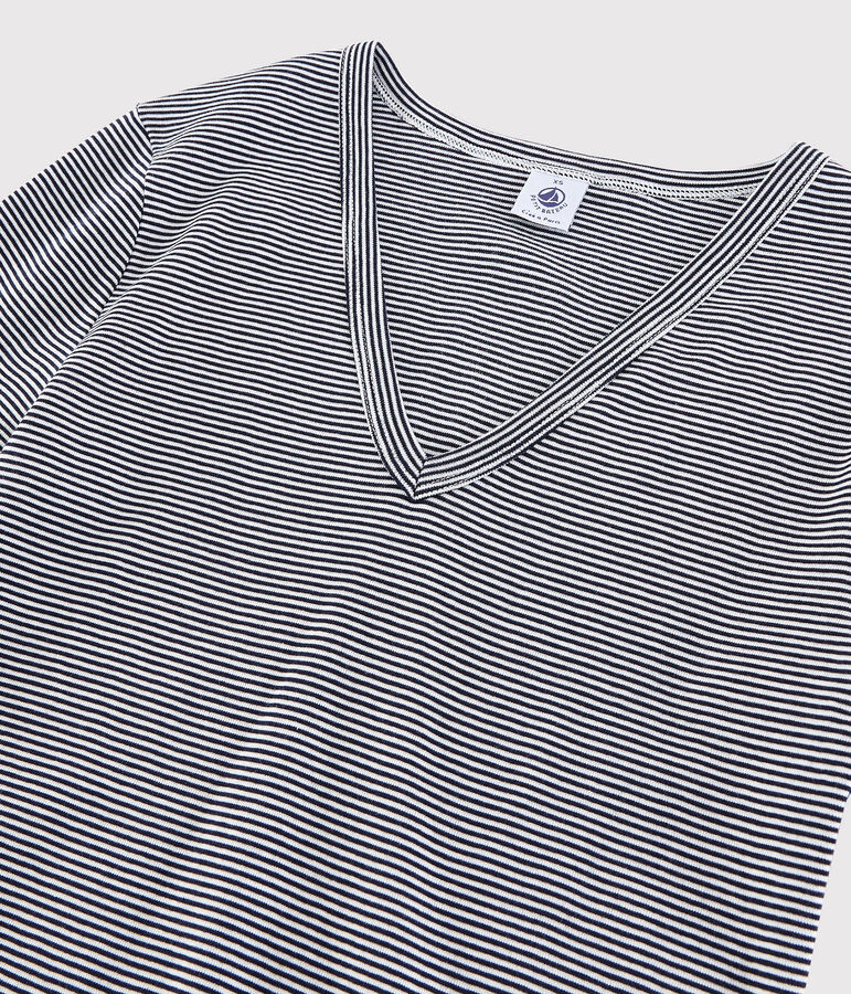 Camiseta de cuello de pico emblem&aacute;tica de algod&oacute;n a rayas de mujer azul/blanco