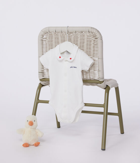 Body de algodón de manga corta con cuello para recién nacido blanco MARSHMALLOW