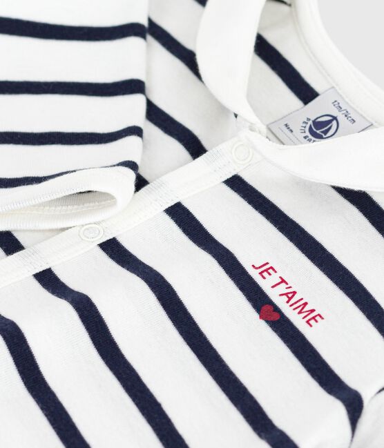 Pijama sin pies de algodón con cuello barco estampado de rayas para bebé blanco MARSHMALLOW/azul SMOKING