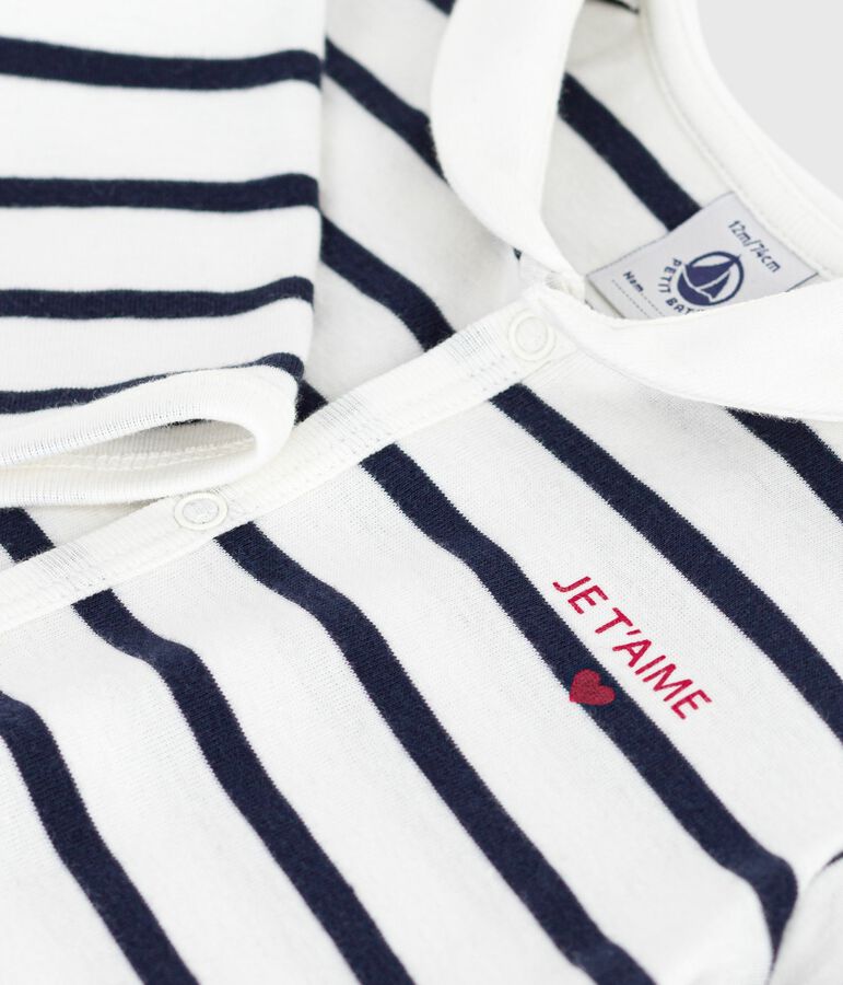 Pijama sin pies de algod&oacute;n con cuello barco estampado de rayas para beb&eacute; blanco/azul