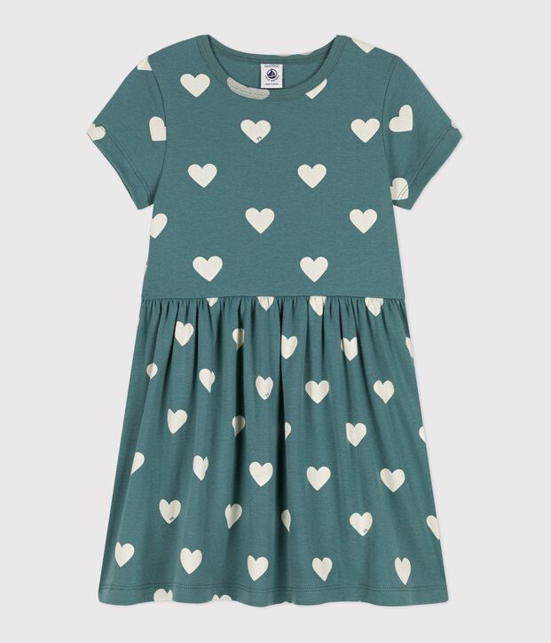 Vestido de manga corta de algod&oacute;n org&aacute;nico de ni&ntilde;a verde/crudo