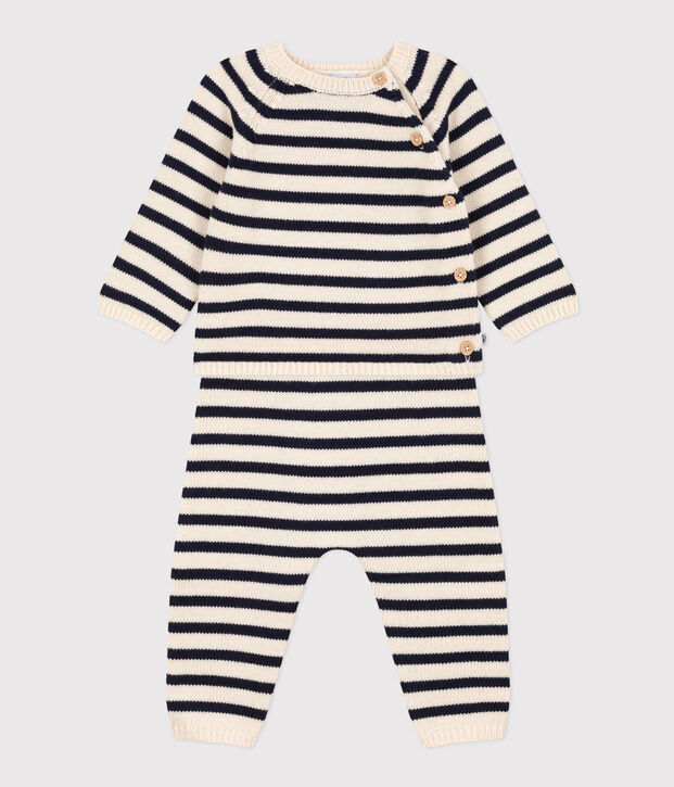 Conjunto de punto de lana y algod&oacute;n a rayas marineras para beb&eacute; crudo/azul