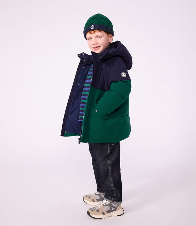 Plum&iacute;fero infantil liso colorblock verde/azul