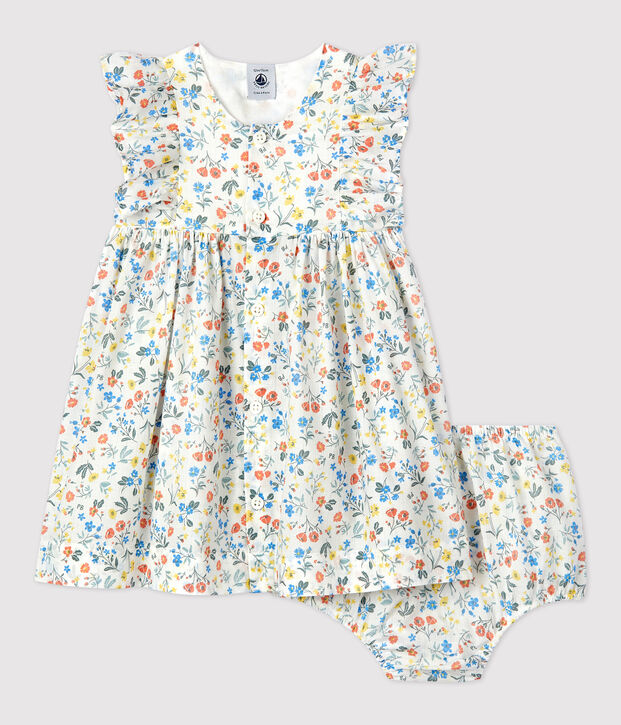 Vestido y braguita bloomer con estampado de flores de popelina de beb&eacute; blanco/multicolor