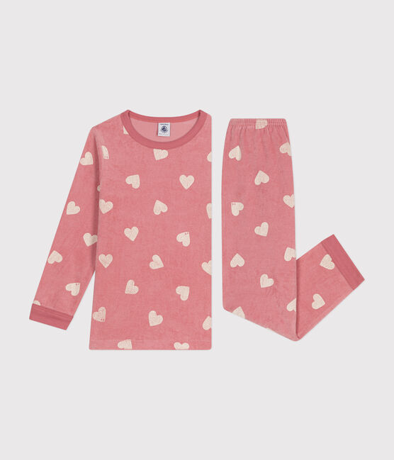 Pijama infantil de terciopelo con estampado de corazones rosa ROSEWOOD/ MARSHMALLOW