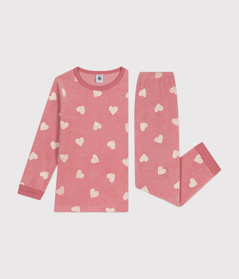 Pijama infantil de terciopelo con estampado de corazones rosa/blanco