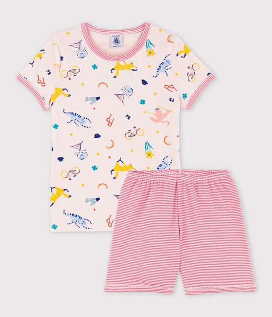 Pijama corto de algodón con estampado de animales de yoga de niña rosa FLEUR/blanco MULTICO