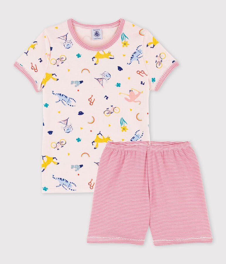 Pijama corto de algod&oacute;n con estampado de animales de yoga de ni&ntilde;a rosa/multicolor