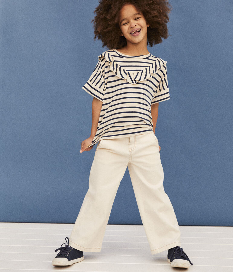 Camiseta de manga corta de algod&oacute;n de ni&ntilde;a crudo/azul