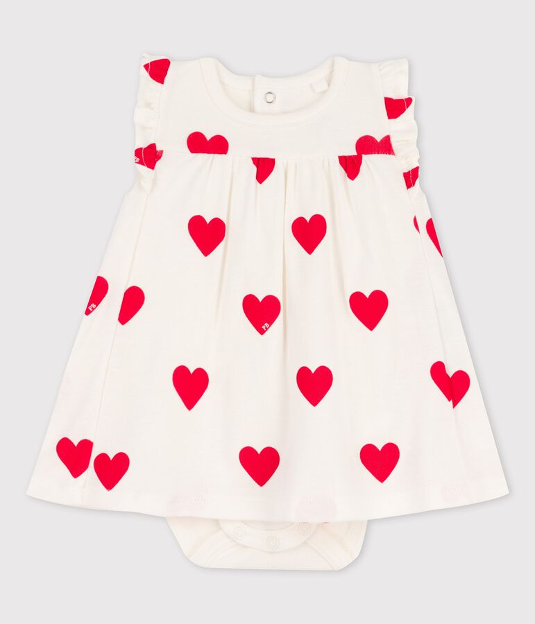 Vestido-bodi con estampado de corazones de algod&oacute;n ecol&oacute;gico de beb&eacute; blanco/rojo